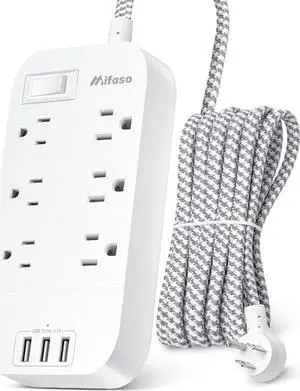 Power Strip - 10 FT Long Flat Plug Extension Cord, 6 Outlets 3 USB Ports Outlet Extender with Overload Protection, Wall Mount, Desktop Charging Station for Home, Office and Dorm Essential