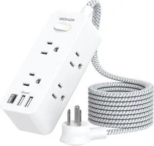 Power Strip Surge Protector 5Ft Extension Cord 6 Outlets with 3 USB Ports(1 USB C Outlet) 3-Side Outlet Extender Wall Mount Compact for Travel Home School College Dorm Room and Office