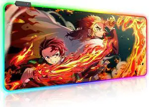 RGB Anime Mouse Pad Tanjiro and Rengoku Sword Custom Mousepad with LED Light Edges & Non-Slip Rubber Base Laptop Desk Pad Computer Keyboard and Mice Pads Mat 31.5X15.7