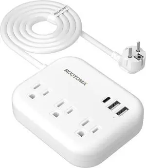 European Travel Plug Adapter with USB C, ROOTOMA Outlet Adapter US to Europe 3 Outlets 3 USB Ports, International Power Strip for EU Spain France Germany Iceland Greece, 3ft, White