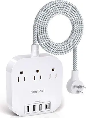 Power Strip with USB C, 3 Outlets 4 USB Ports (22.5W/4.5A) Desktop Charging Station, Flat Plug, 5ft Braided Extension Cord, Non Surge Protector for Travel, Cruise Ship, ETL Listed