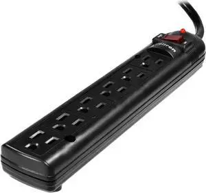 6 Outlet Black Surge Protector Power Strip, Wall Mount, 750 Joules, Long 20 Foot Cord Cable