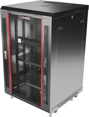 Server Cabinet Networking Rack 18U 24-Inch  Deep IT Wall Mount Locking Enclosed Network Enclosure with Casters - 8-Way POWERBAR - WHEELS - 2 X SHELVES - DUST-TIGHT CABLE ENTRIES