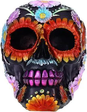 Resin Sugar Skull Black Day of the Dead Skull 1 P754754D - Flower Halloween Decoration Gothic DOD Skeleton Head Dia de los Muertos - Floral Black