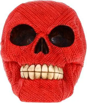 Small Size Resin Knit Skull Statue P784183A - Red Human Skull Sculpture Zombie Figurine for Halloween Gothic Collectible Ornament
