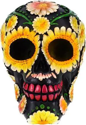 Resin Sugar Skull Black Day of the Dead Skull 2 P754754 - Sunflower Halloween Decoration Gothic DOD Skeleton Head Dia de los Muertos - Sunflowers