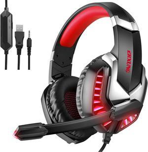 Stereo Bass Surround Sound Pro Gaming Headset LED Light Headphones with Flexible Noise Cancelling Microphone and Soft Memory Earmuffs Earpiece for PS4, PS5, Xbox One, PC Black/Red