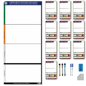 PMXBOARD Kaizen Opportunities Board Set, 17.3 x 38 in Magnetic Dry-Erase Board, 10 Idea Cards, Markers, Eraser and Cloth PMXBOARD Kaizen Opportunities Board Set, 17.3 x 38 in Magnetic Dry-Erase Board, 10 Idea Cards, Markers, Eraser and Cloth