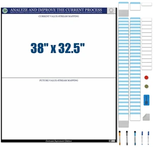 PMXBOARD Kaizen Analyze and Improve Board Set, 32.5 x 38 in Magnetic Dry-Erase Value Stream Mapping Board with 75 VSM Cards, Markers, Eraser and Cloth PMXBOARD Kaizen Analyze and Improve Board Set, 32.5 x 38 in Magnetic Dry-Erase Value Stream Mapping Board with 75 VSM Cards, Markers, Eraser and Cloth