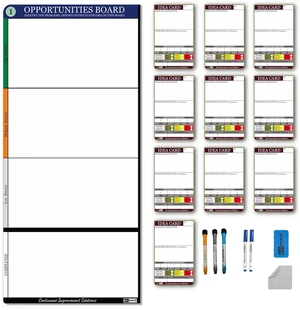 PMXBOARD Kaizen Opportunities Board Set, 17.3 x 38 in Magnetic Dry-Erase Board, 10 Idea Cards, Markers, Eraser and Cloth PMXBOARD Kaizen Opportunities Board Set, 17.3 x 38 in Magnetic Dry-Erase Board, 10 Idea Cards, Markers, Eraser and Cloth