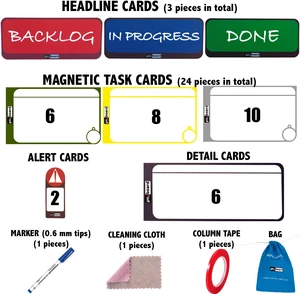 PMXBOARD Kanban Set for Home and Small Office, Reusable Magnetic Agile Card Kit with Task, Detail, Headline and Blocker Cards, Markers and Column Line Tape PMXBOARD Kanban Set for Home and Small Office, Reusable Magnetic Agile Card Kit with Task, Detail, Headline and Blocker Cards, Markers and Column Line Tape
