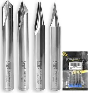 SPEED TIGER ICARVE Carving Router Bit Set - 4 Piece - 60 & 90 Degree V Groove, 15° Detail Carving Liner, 20° Flat Tip Profile Bit - Made in Taiwan