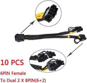 Original 10 pcs 6pin PCI Express to Dual PCIE 8 (6+2) pin Power Cable Graphics Card PCI-E GPU Power Data Cable Splitter 22cm
