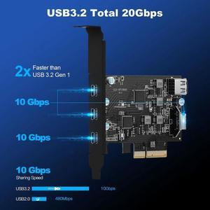 High Speed 20Gbps PCIE X4 To 3 USB 3.2 TYPE-C With Internal USB2.0+TYPE-E Expansion Card