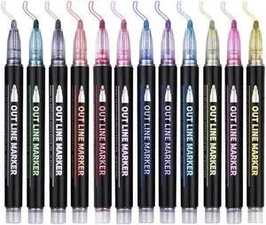 Double Line Outline Pens 12 Colors Outline Metallic Markers Glitter Outline Pens Writing Drawing Pens DIY Art Crafts