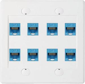 Ethernet Wall Plate 8 Port - Double Gang Cat6 RJ45 Keystone Jack Network Cable Faceplate Female to Female - Blue