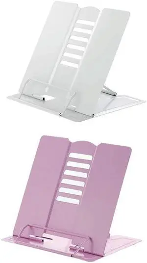 Ruth's sister 2 Pcs Desk Book Stand Metal Reading Rest Book Holder Document Holder Portable Sturdy Lightweight, White & Pink
