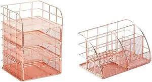Ruth's sister 2 Pcs Rose Gold Desk Storage Box Creative Desktop Shelf With Drawer And Metal Mesh Pen Holder For Office School And Home