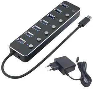 USB 3.0 Power Adapter 7 Ports Aluminum Alloy Splitter Hub USB Hub 3.0 USB Multi Extender Switch 1.2M Cable Hub EU Plug B-AB01