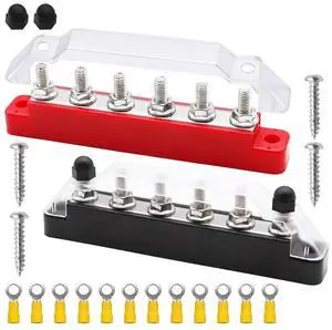 Bus Bar 6 X 1/4Inch (M6) Terminal Studs 12V Power Distribution Block with Cover and Ring Terminals, Max 300V AC-AB01 Bus Bar 6 X 1/4Inch (M6) Terminal Studs 12V Power Distribution Block with Cover and Ring Terminals, Max 300V AC-AB01