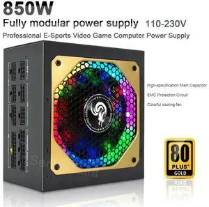 PC Power Supply 20+4Pin 12V ATX 850W Professional E-Sports Video Game Computer Power Supply 80+ Gold RGB Full Modular 12cm Fan