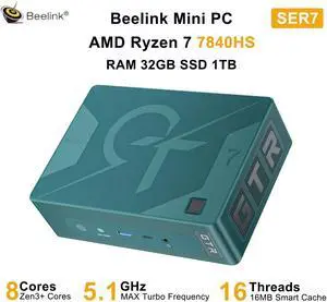 Beelink Mini PC SER7, AMD Ryzen 7 7840HS(up to 5.1GHz), RAM-32GB SSD-1TB DDR5 5600MHz, Desktop Mini PC Gaming Home Office (Green)