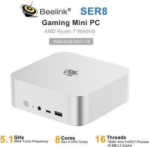 Beelink Mini PC SER8, AMD Ryzen 7 8845HS(up to 5.1GHz 8C/16T), RAM-32GB SSD-1TB DDR5 5600MHz, Desktop Mini PC Gaming Home Office (Frost Silver)