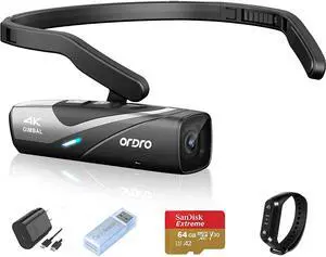 ORDRO EP8 4K Head-Mounted Video Camera, Ultra HD 4K 60FPS Camcorder Vlog Hands Free Wearable Camera, Has 2-Axis Gimbal Video Stabilizer, Wi-Fi APP, Auto Focus with Remote Control,64G Micro SD Card