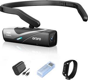 ORDRO EP8 4K Camcorder 60FPS Vlog Hands Free Wearable Camera, Head-Mounted Video Camera for Vlog, Auto Focus, Wi-Fi APP Control, 2-Axis Gimbal Stabilizer with Fast Charger & Remote Control