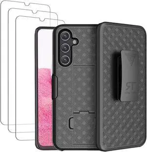 Rome Tech For Samsung Galaxy A14 Belt Clip Holster Phone Case + 3-Pack Glass Screen Protector