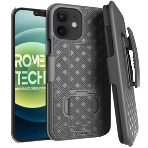 For Apple iPhone 12 Mini Shell Holster Combo Case - Black + 3-Pack Glass Screen Protector For Apple iPhone 12 Mini Shell Holster Combo Case - Black + 3-Pack Glass Screen Protector