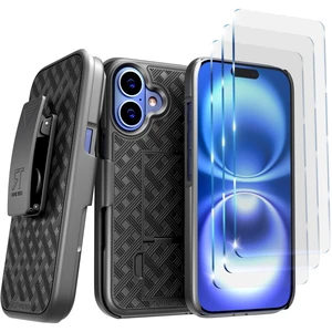 Rome Tech for Apple iPhone 16 Case with Belt Clip Holster, 3-Pack Tempered Glass Screen Protector, Kickstand Slim Cover Phone Case for iPhone 16 - Black Rome Tech for Apple iPhone 16 Case with Belt Clip Holster, 3-Pack Tempered Glass Screen Protector, Kickstand Slim Cover Phone Case for iPhone 16 - Black