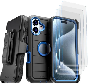 Rome Tech for Apple iPhone 16 Plus Case with Belt Clip Holster & Kickstand, Protective Dual-Layer Shockproof Phone Case and 3-Pack Tempered Glass Screen Protector for iPhone 16 Plus - Black & Blue Rome Tech for Apple iPhone 16 Plus Case with Belt Clip Holster & Kickstand, Protective Dual-Layer Shockproof Phone Case and 3-Pack Tempered Glass Screen Protector for iPhone 16 Plus - Black & Blue