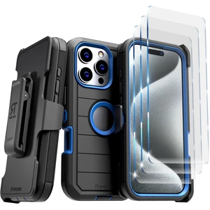 Rome Tech for Apple iPhone 16 Pro Case with Belt Clip Holster & Kickstand, Protective Dual-Layer Shockproof Phone Case and 3-Pack Tempered Glass Screen Protector for iPhone 16 Pro - Black & Blue Rome Tech for Apple iPhone 16 Pro Case with Belt Clip Holster & Kickstand, Protective Dual-Layer Shockproof Phone Case and 3-Pack Tempered Glass Screen Protector for iPhone 16 Pro - Black & Blue