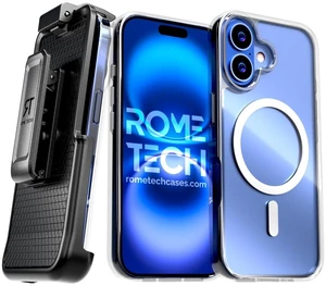Rome Tech Hybrid TPU Acrylic w/Magsafe w/Holster - Clear for Apple iPhone 16 Rome Tech Hybrid TPU Acrylic w/Magsafe w/Holster - Clear for Apple iPhone 16