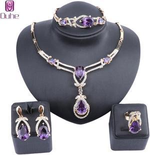 Exquisite Purple Zircon Crystal Necklace Earring Bracelet Ring Bridal Jewelry Sets For Women Gift Party Wedding Prom