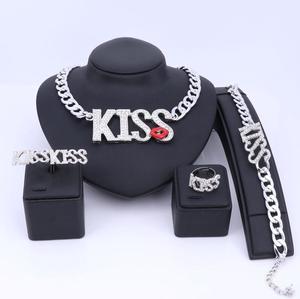 Women Charm Bridal Earrings Ring Kiss Lipstick Big Letter Pendant Sets Classic Wedding Necklace Bracelet Jewelry Set Silver