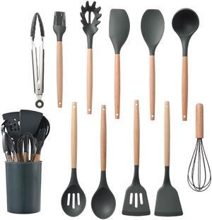 Silicone Kitchenware Cooking Utensils Set Non-stick Cookware Spatula Shovel Egg Beaters Wooden Handle Kitchen Cooking Tool Set Black