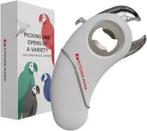 Kitchen Mama Epic One Multifunctional Opener: A Pick Ergonomic Opener- Magnetic Bottle Opener, Beer & Soda Can Opener, Pull Tab Opener, Jar Opener for Weak Hands and Arthritis, Funny Gift (White)