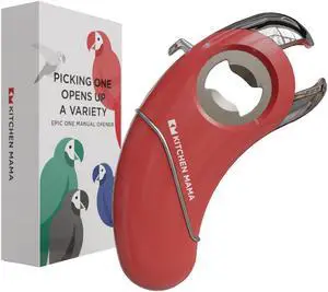 Kitchen Mama Epic One Multifunctional Opener: A Pick Ergonomic Opener- Magnetic Bottle Opener, Beer & Soda Can Opener, Pull Tab Opener, Jar Opener for Weak Hands and Arthritis, Funny Gift (Red)