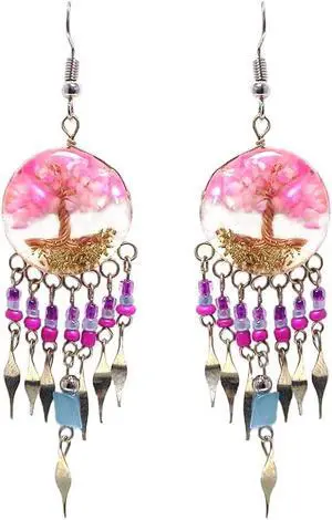 Tree of Life Crushed Stone Inlay Round Acrylic Long Beaded Chip Dangle Earrings - Womens Fashion Handmade Jewelry Boho Accessories