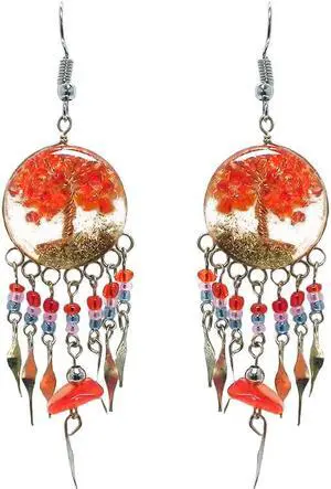 Tree of Life Crushed Stone Inlay Round Acrylic Long Beaded Chip Dangle Earrings - Womens Fashion Handmade Jewelry Boho Accessories