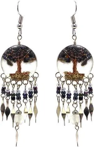 Tree of Life Crushed Stone Inlay Round Acrylic Long Beaded Chip Dangle Earrings - Womens Fashion Handmade Jewelry Boho Accessories