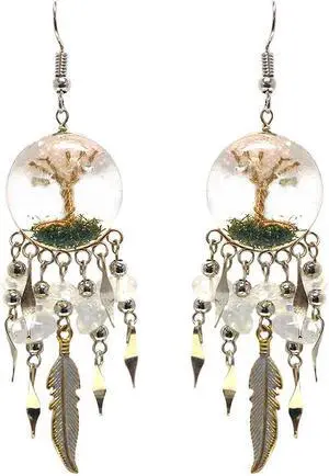 Tree of Life Crushed Chip Stone Inlay Round Acrylic Long Colored Metal Feather Dangle Earrings - Womens Fashion Handmade Jewelry Boho Accessories