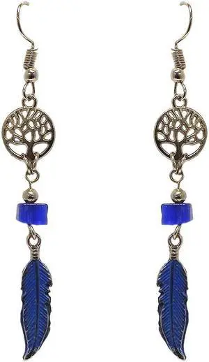 Round Silver Metal Tree of Life Long Colored Feather Charm Dangle Earrings - Womens Fashion Handmade Jewelry Boho Accessories
