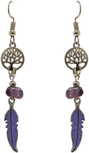 Round Silver Metal Tree of Life Long Colored Feather Charm Dangle Earrings - Womens Fashion Handmade Jewelry Boho Accessories