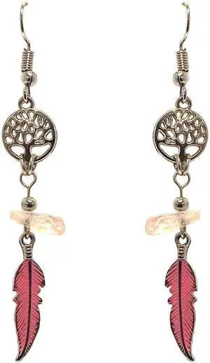 Round Silver Metal Tree of Life Long Colored Feather Charm Dangle Earrings - Womens Fashion Handmade Jewelry Boho Accessories