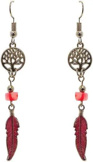 Round Silver Metal Tree of Life Long Colored Feather Charm Dangle Earrings - Womens Fashion Handmade Jewelry Boho Accessories