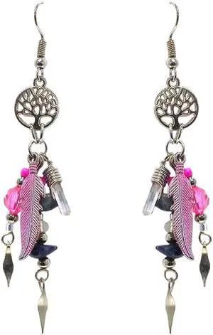 Round Silver Metal Tree of Life Chip Stone Clear Quartz Crystal Feather Charm Beaded Dangle Earrings - Womens Fashion Handmade Jewelry Boho Accessories