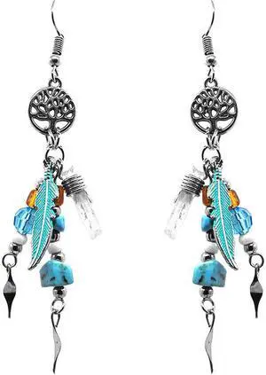 Round Silver Metal Tree of Life Chip Stone Clear Quartz Crystal Feather Charm Beaded Dangle Earrings - Womens Fashion Handmade Jewelry Boho Accessories